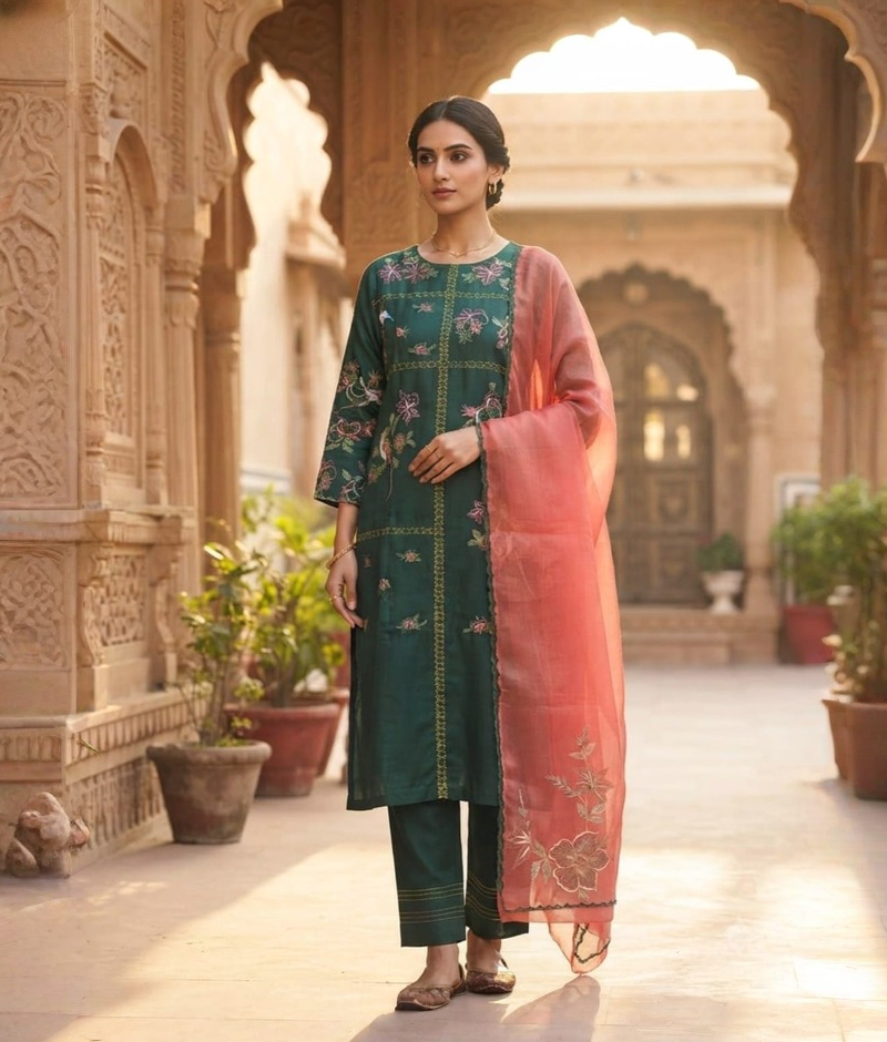 Dark Green Chanderi Silk Resham Work Suit with Organza Dupatta – 5XL