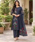 Royal Blue Chanderi Silk Suit with Floral Applique Work & Organza Dupatta