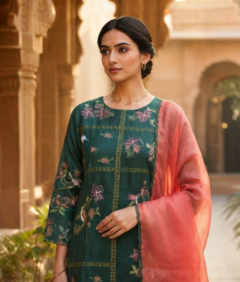 Dark Green Chanderi Silk Resham Work Suit with Organza Dupatta – 5XL