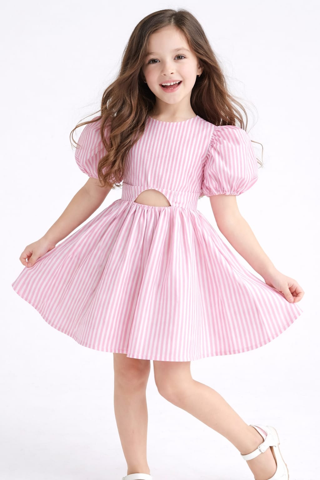Girls Pink & White Striped Party Wear Frock | Stylish Puff Sleeve Dress for Kids