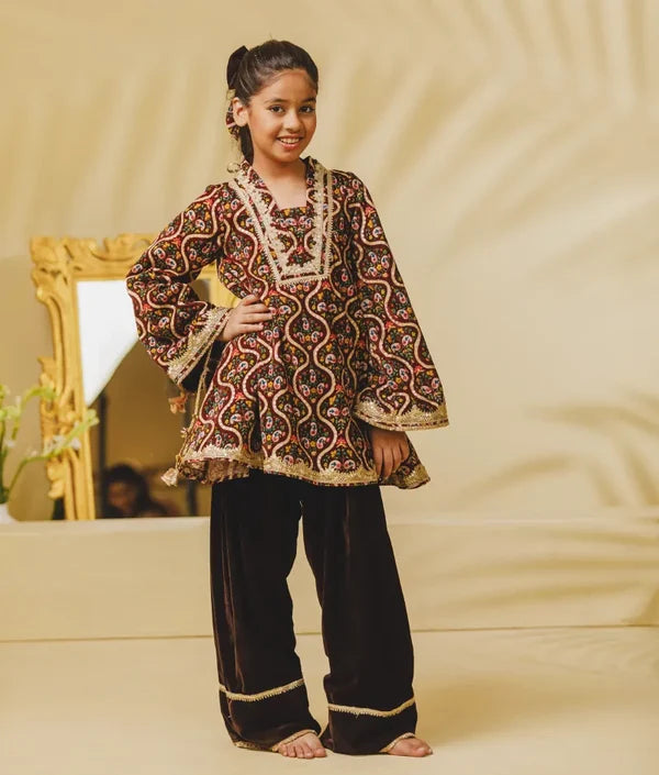 BROWN PRINTED VELVET KURTI WITH SALWAR