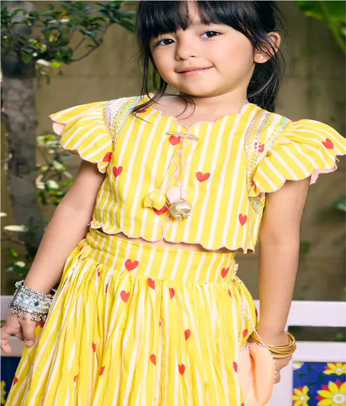 Yellow Heart & Stripe Printed Lehenga Set