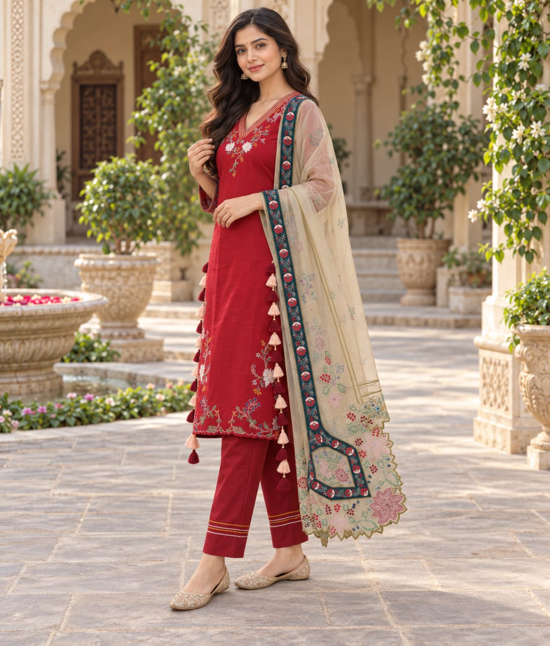 Red Chanderi Silk Suit with Floral Thread Work & Organza Dupatta