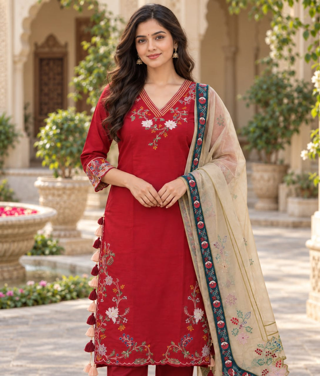 Red Chanderi Silk Suit with Floral Thread Work & Organza Dupatta