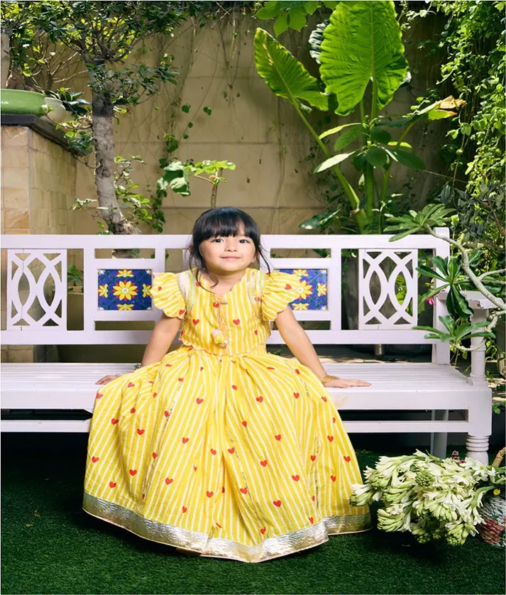Yellow Heart & Stripe Printed Lehenga Set