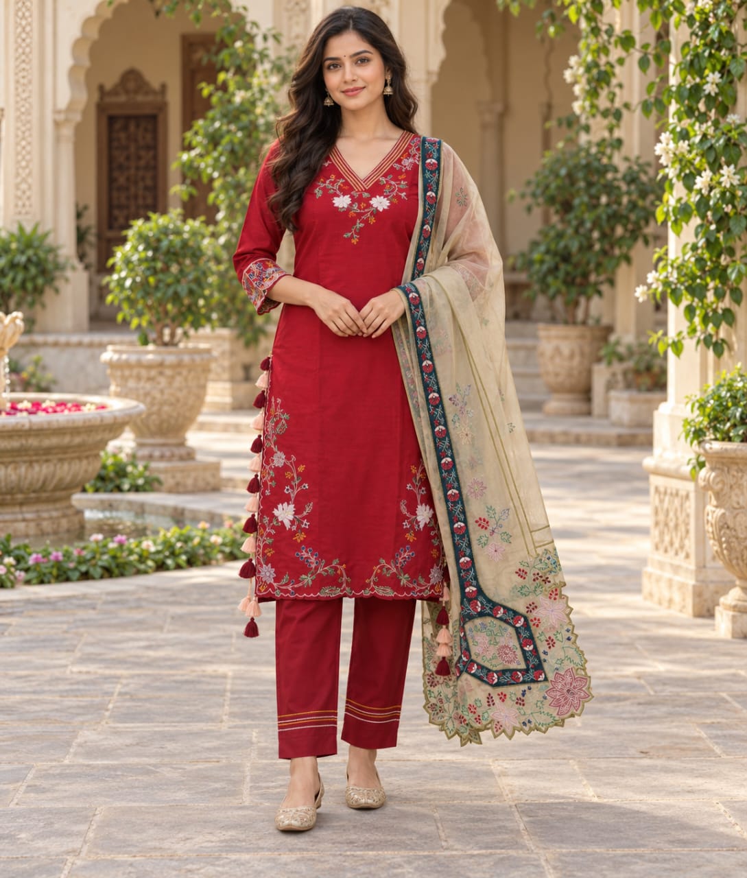 Red Chanderi Silk Suit with Floral Thread Work & Organza Dupatta