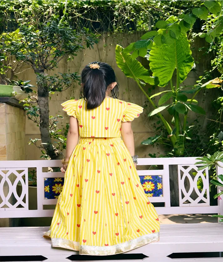 Yellow Heart & Stripe Printed Lehenga Set