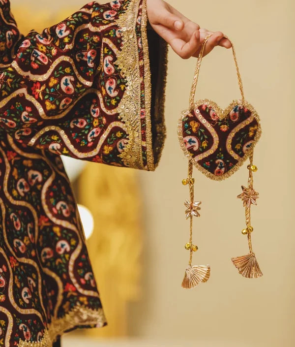 BROWN PRINTED VELVET KURTI WITH SALWAR