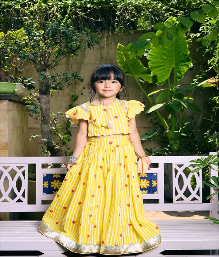 Yellow Heart & Stripe Printed Lehenga Set
