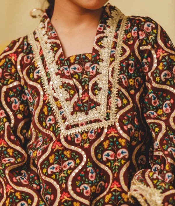 BROWN PRINTED VELVET KURTI WITH SALWAR