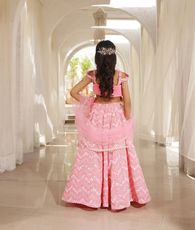 NEON PINK MIRROR EMBROIDERED LEHENGA CHOLI