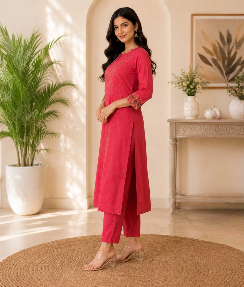 Red Chanderi Silk Thread Work Kurti Set – 5XL