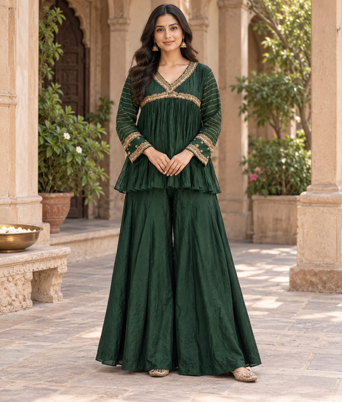 Dark Green Silk Palazzo Set with Zardozi Work