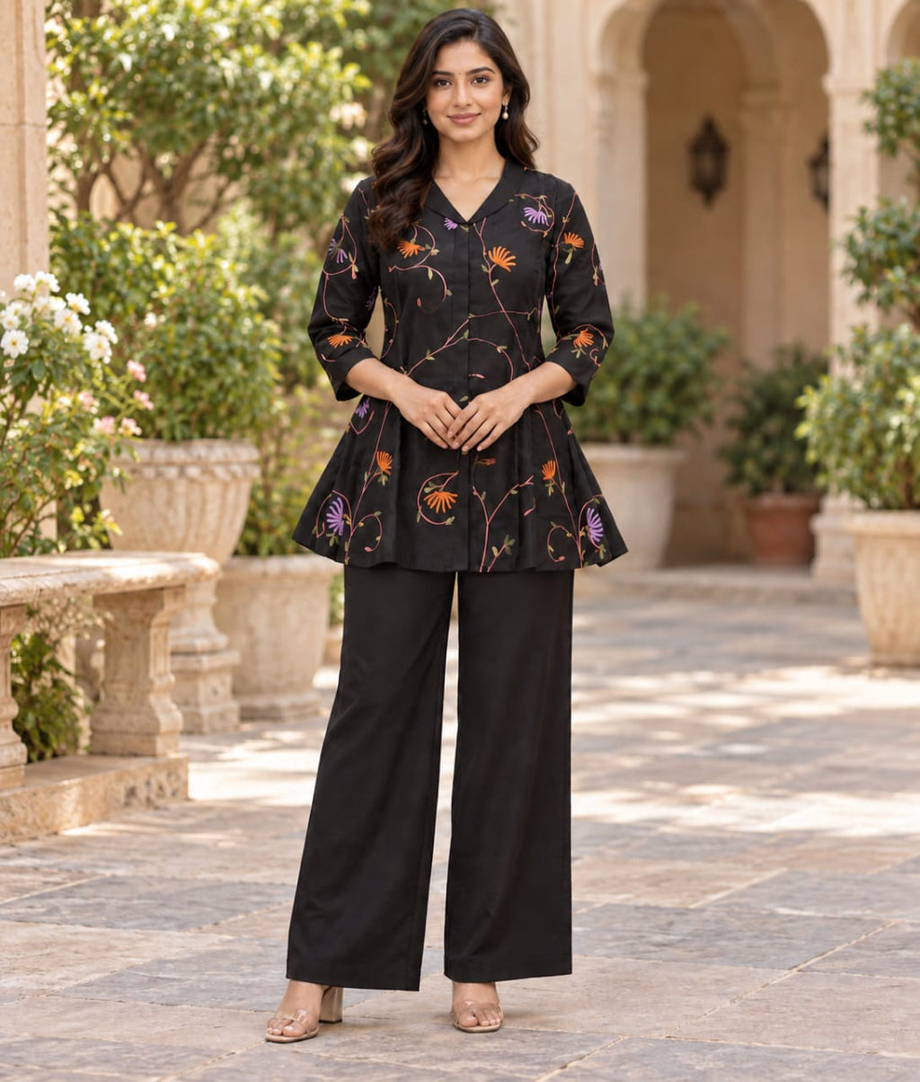 Black Chanderi Silk Co-ord Set with Floral Thread Work