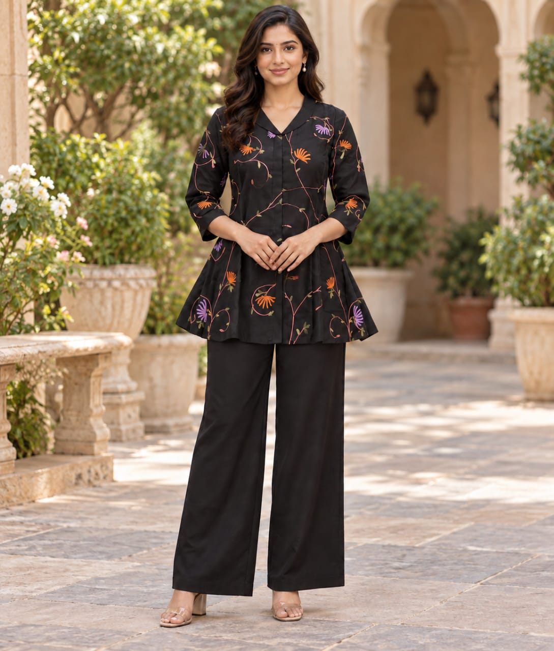 Black Chanderi Silk Co-ord Set with Floral Thread Work