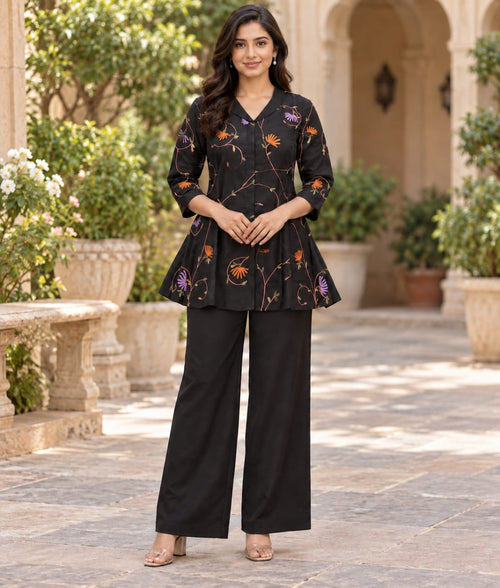 Black Chanderi Silk Co-ord Set with Floral Thread Work
