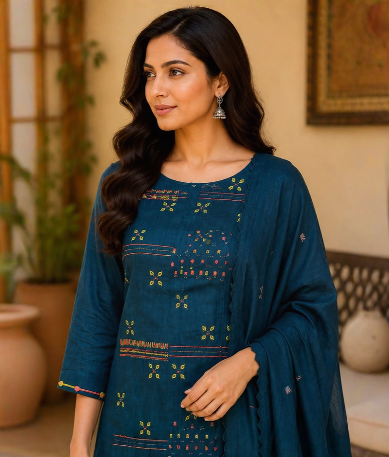 Peacock Blue & Purple Mull Cotton Suit with Thread & Mirror Work
