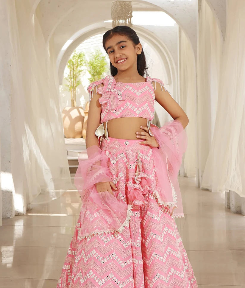 NEON PINK MIRROR EMBROIDERED LEHENGA CHOLI