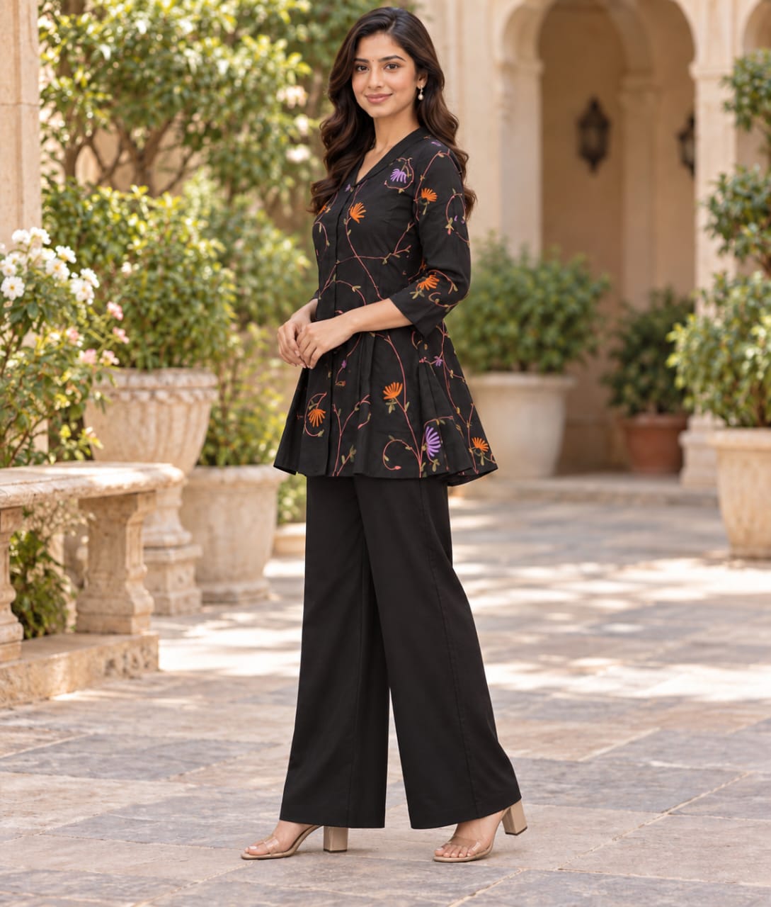 Black Chanderi Silk Co-ord Set with Floral Thread Work