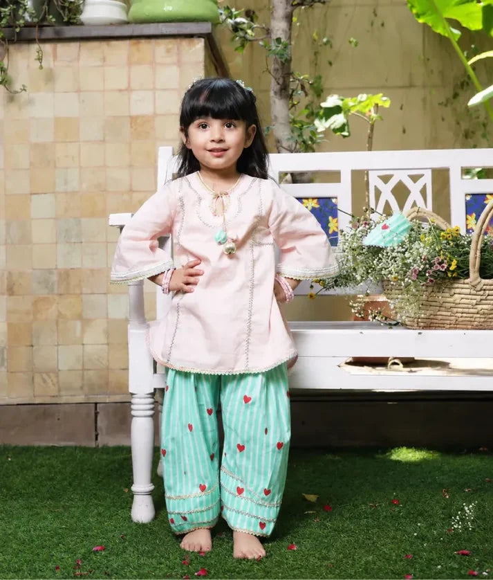 Peach Kurti with Heart Printed Farshi Salwar
