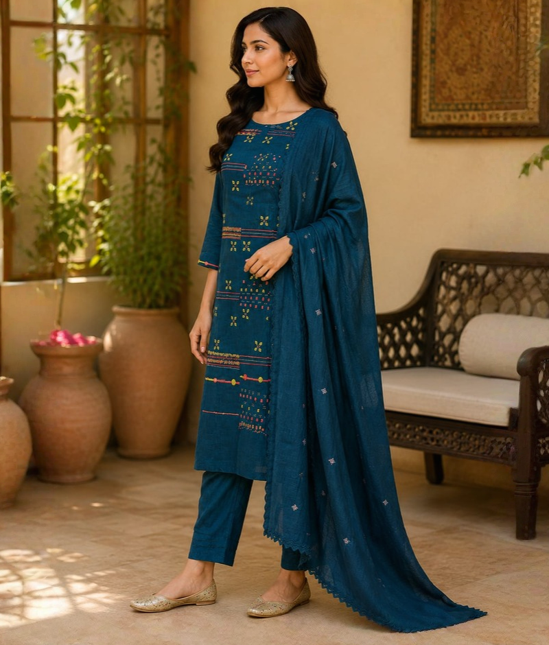 Peacock Blue & Purple Mull Cotton Suit with Thread & Mirror Work