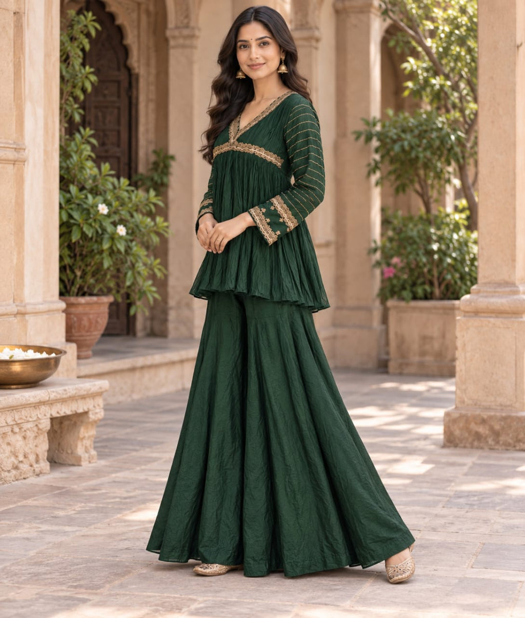 Dark Green Silk Palazzo Set with Zardozi Work