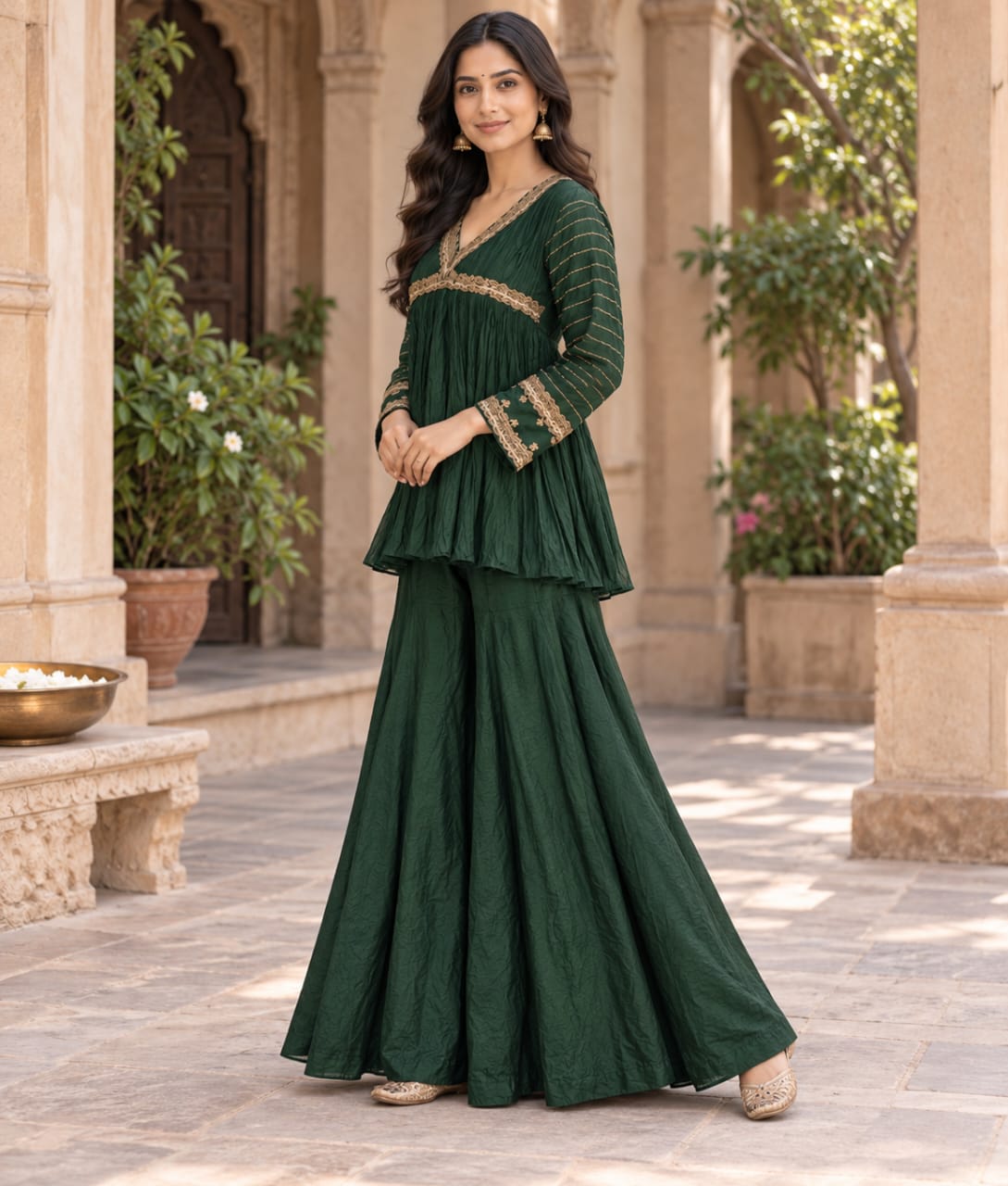 Dark Green Silk Palazzo Set with Zardozi Work