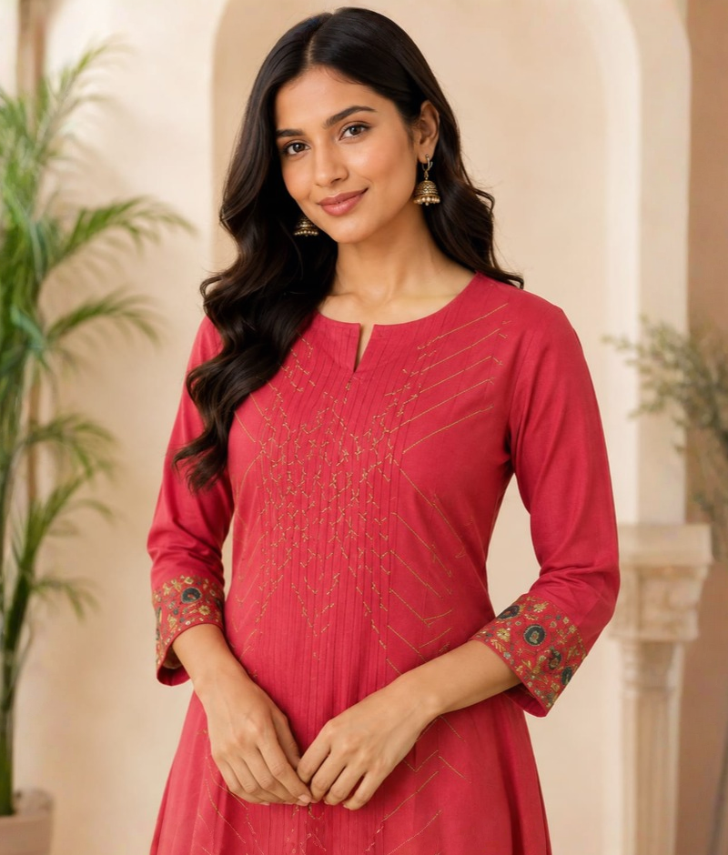 Red Chanderi Silk Thread Work Kurti Set – 5XL