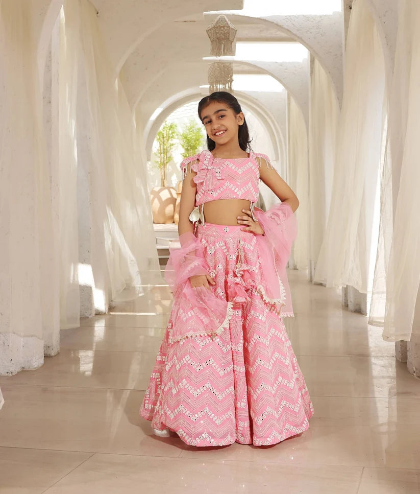NEON PINK MIRROR EMBROIDERED LEHENGA CHOLI