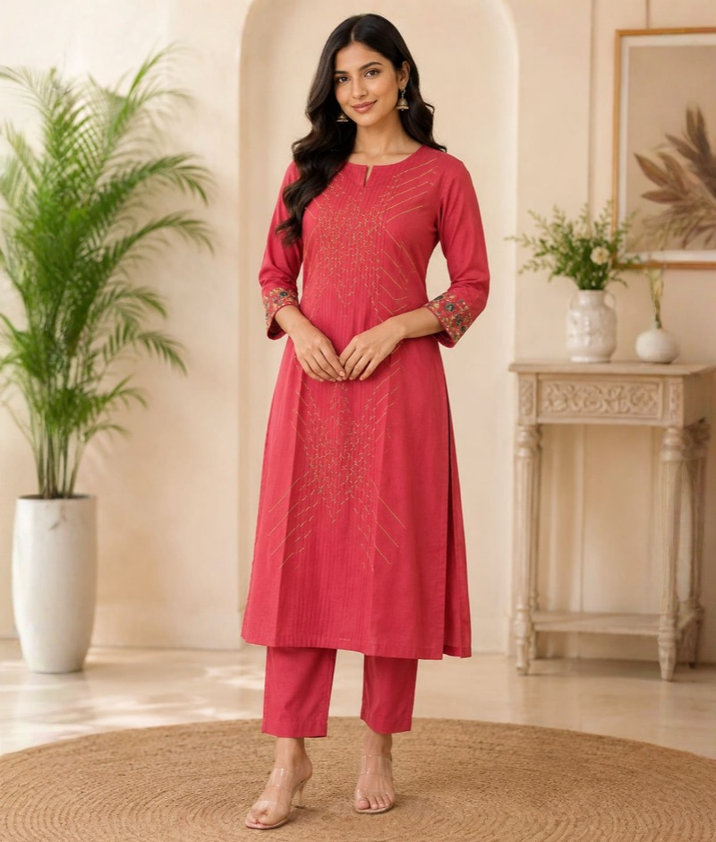 Red Chanderi Silk Thread Work Kurti Set – 5XL