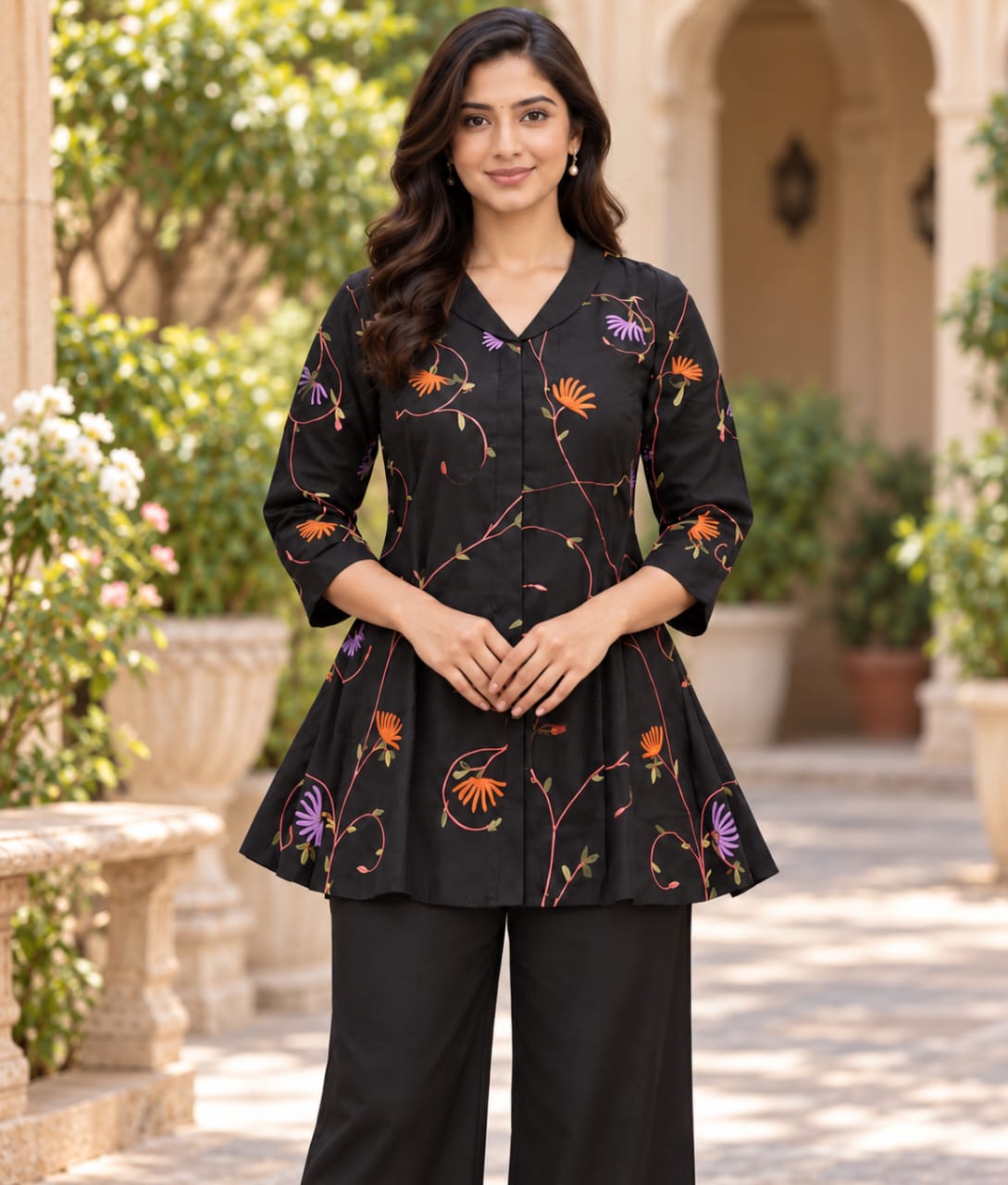 Black Chanderi Silk Co-ord Set with Floral Thread Work