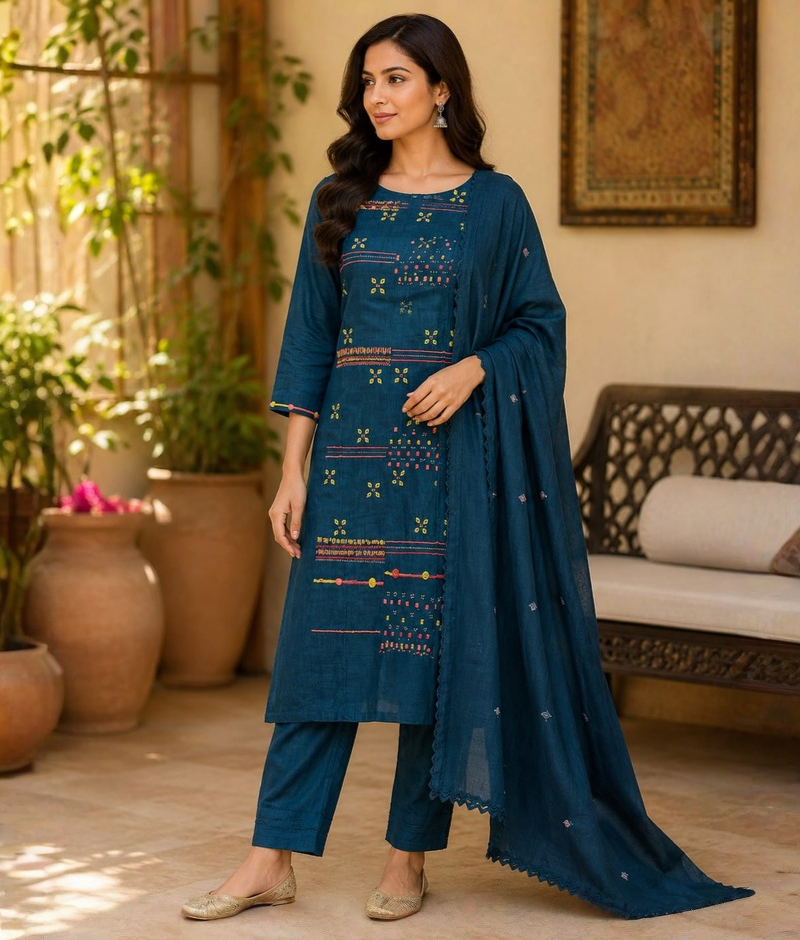 Peacock Blue & Purple Mull Cotton Suit with Thread & Mirror Work