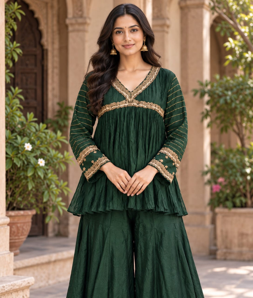 Dark Green Silk Palazzo Set with Zardozi Work