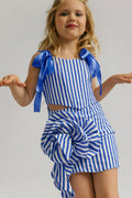 Girls Blue & White Striped Co-Ord Set | Stylish Bow Shoulder Top & Skirt Set for Kids
