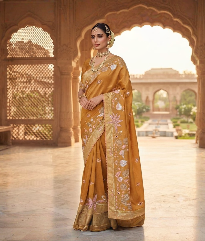 Light rust saree with floral motifs and zardozi, sequence and moti work
