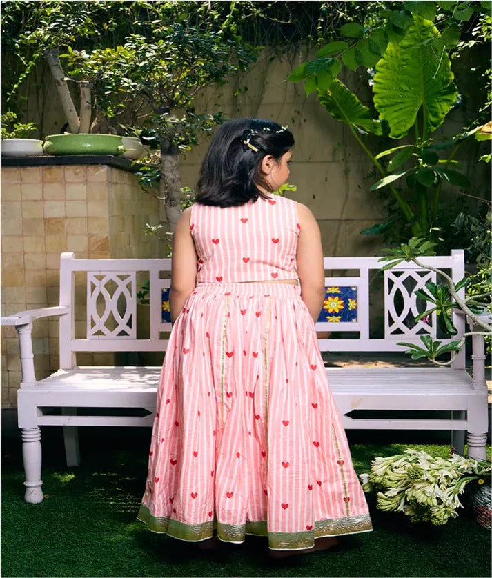 Peach Heart & Stripe Printed Lehenga Set