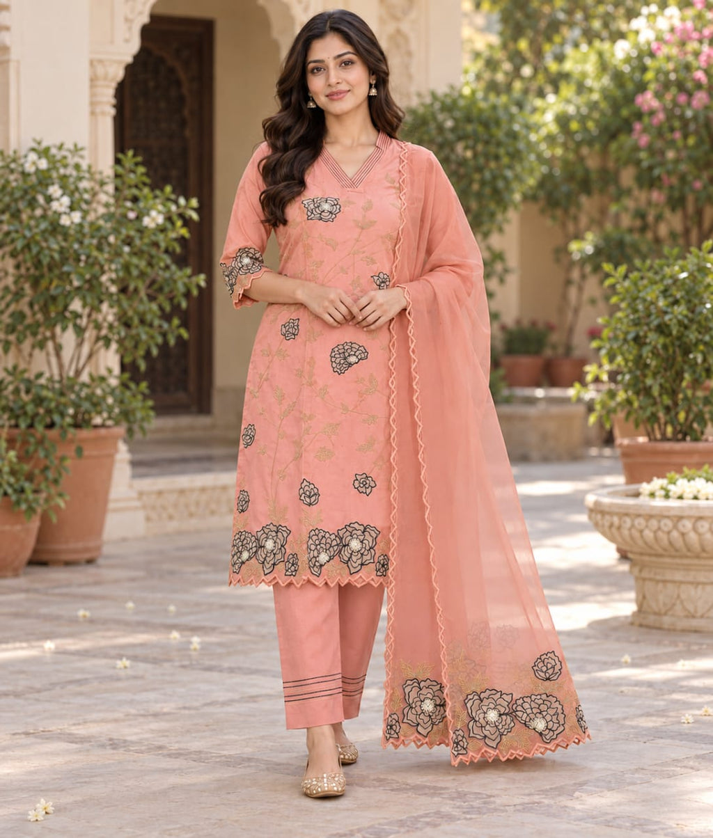 Peach Chanderi Silk Suit with Floral Thread Work & Organza Dupatta