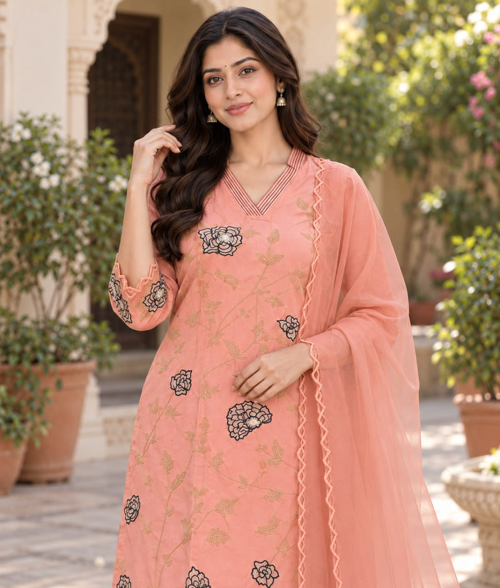 Peach Chanderi Silk Suit with Floral Thread Work & Organza Dupatta
