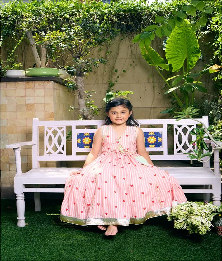 Peach Heart & Stripe Printed Lehenga Set