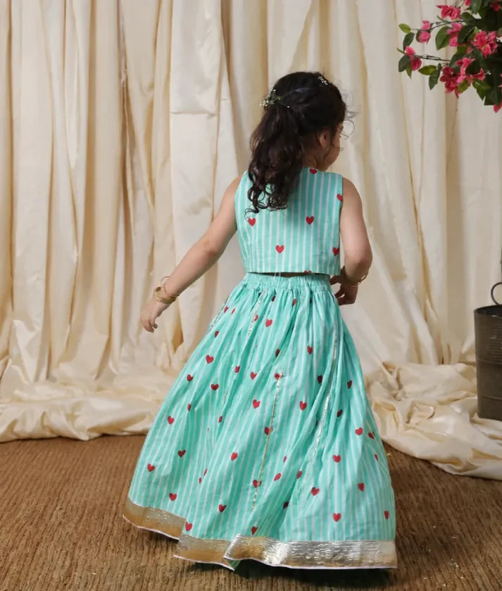 Green Heart & Stripe Printed Lehenga Set