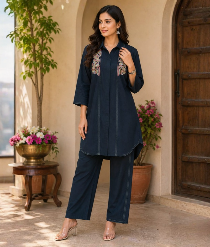Peacock Blue Cotton Co-ord Set with Thread Work & Palla
