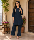 Peacock Blue Cotton Co-ord Set with Thread Work & Palla
