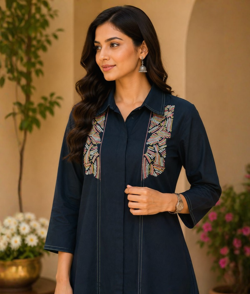 Peacock Blue Cotton Co-ord Set with Thread Work & Palla