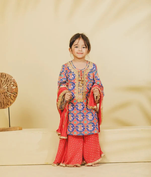 Blue Patola Printed Kurti with Sharara Set