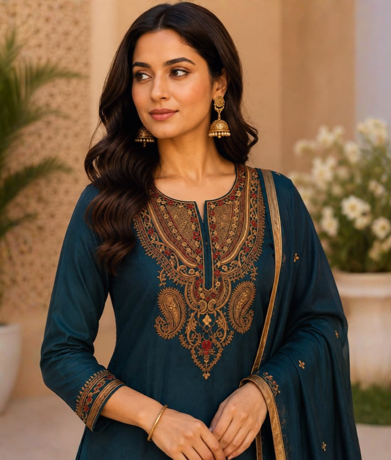 Peacock Blue Chanderi Silk Plazo Set with Zardozi & Thread Work & Organza Dupatta