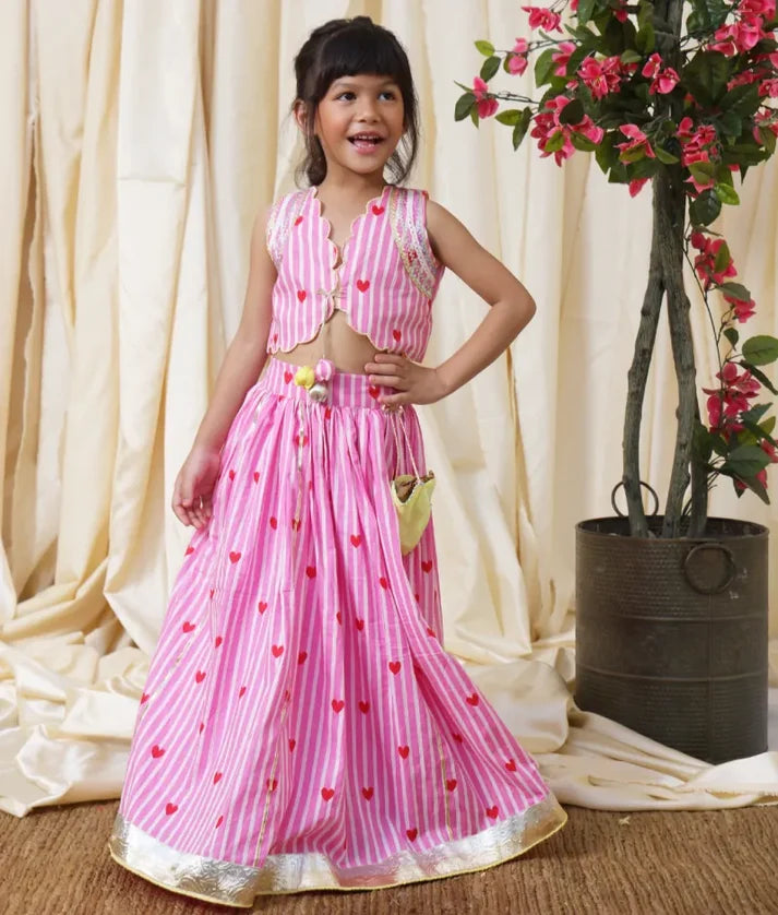 Pink Heart & Stripe Printed Lehenga Set