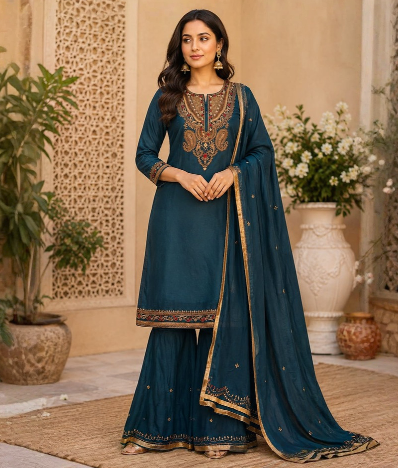 Peacock Blue Chanderi Silk Plazo Set with Zardozi & Thread Work & Organza Dupatta