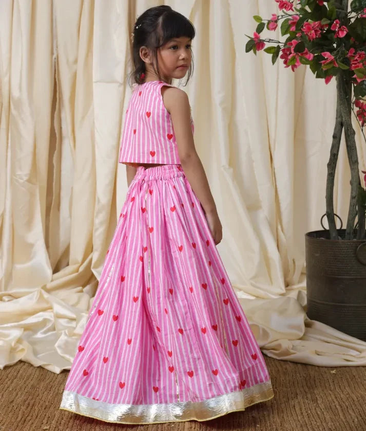 Pink Heart & Stripe Printed Lehenga Set