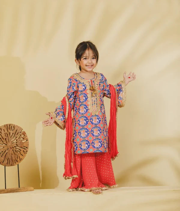 Blue Patola Printed Kurti with Sharara Set
