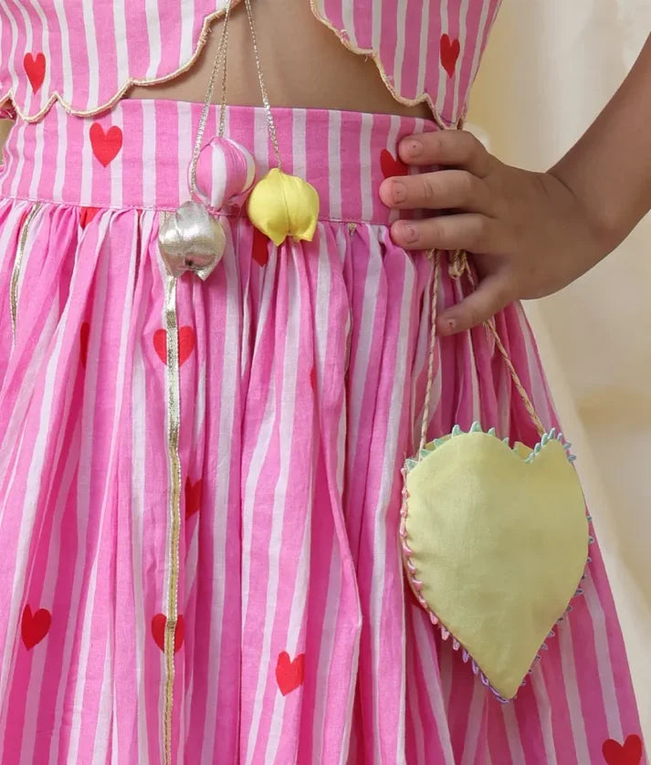 Pink Heart & Stripe Printed Lehenga Set